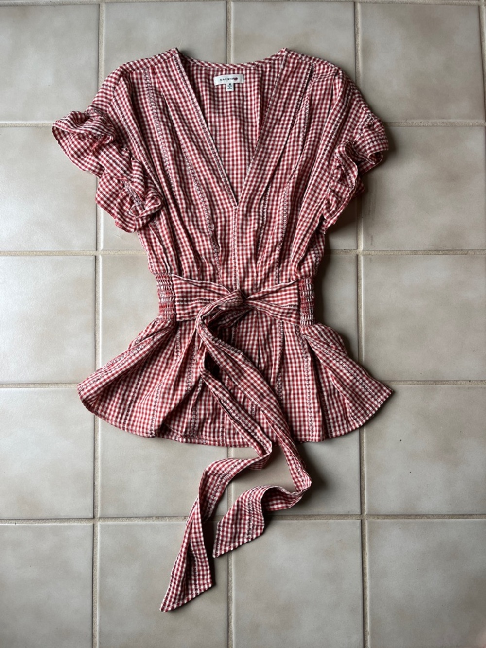 Red Gingham Tie-Waist Peplum Blouse - Western, Country, Cottage Core 100% Cotton